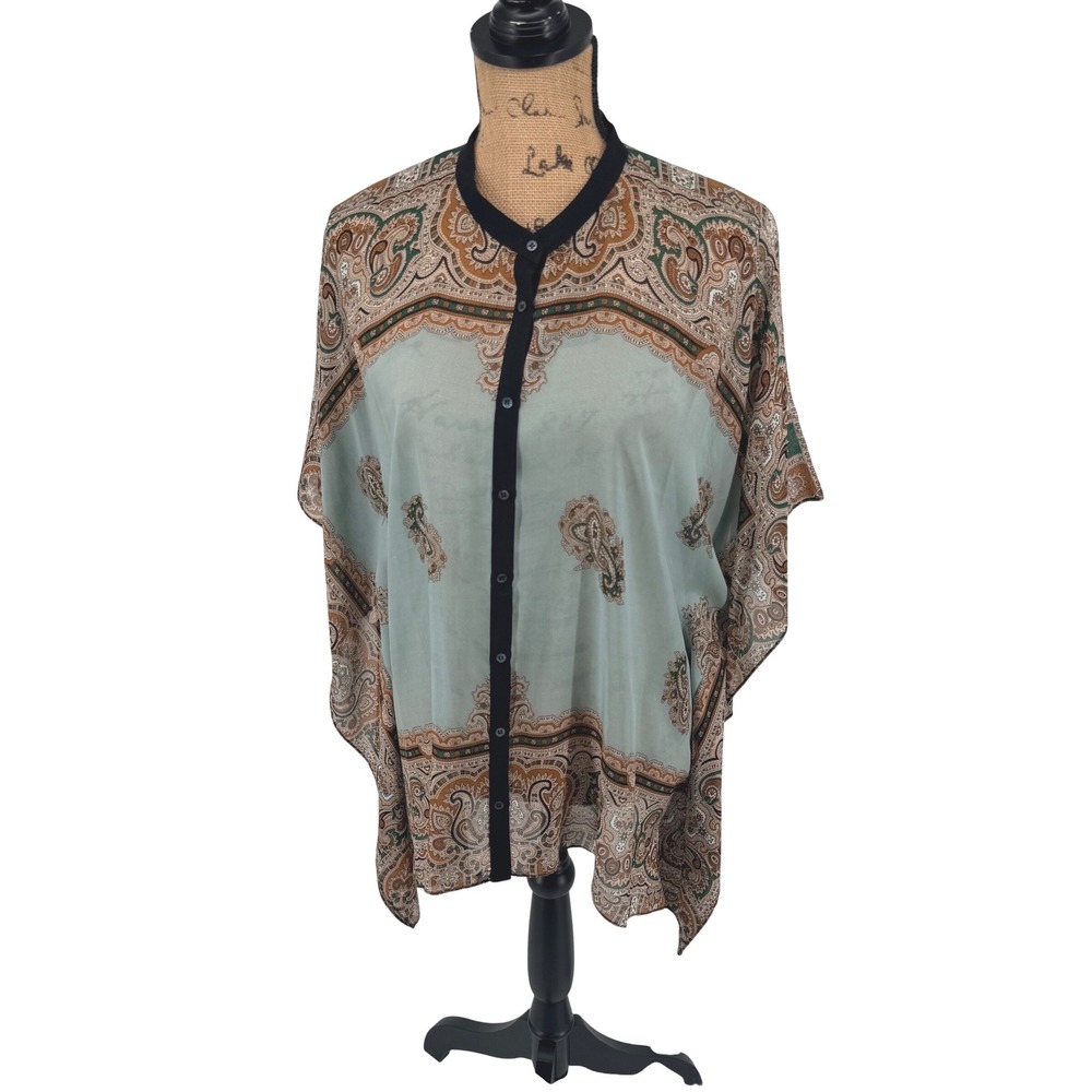 Soft Surroundings 100% Silk Paisley Top Sage Green Button Front S/M Breezy Sheer